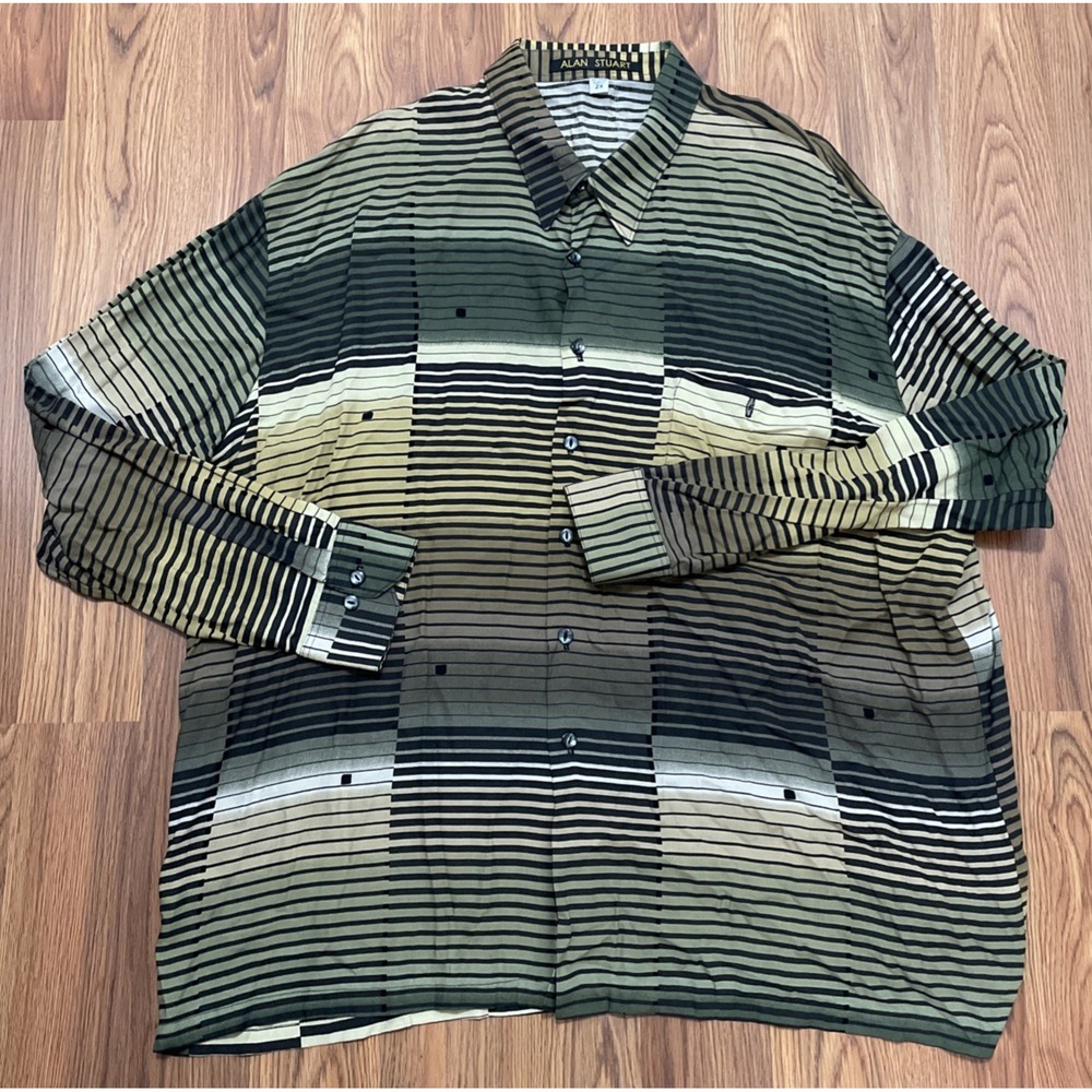 Alan Stuart Rayon Button Up Shirt Mens 2XL Abstract Stripe 90s Vintage